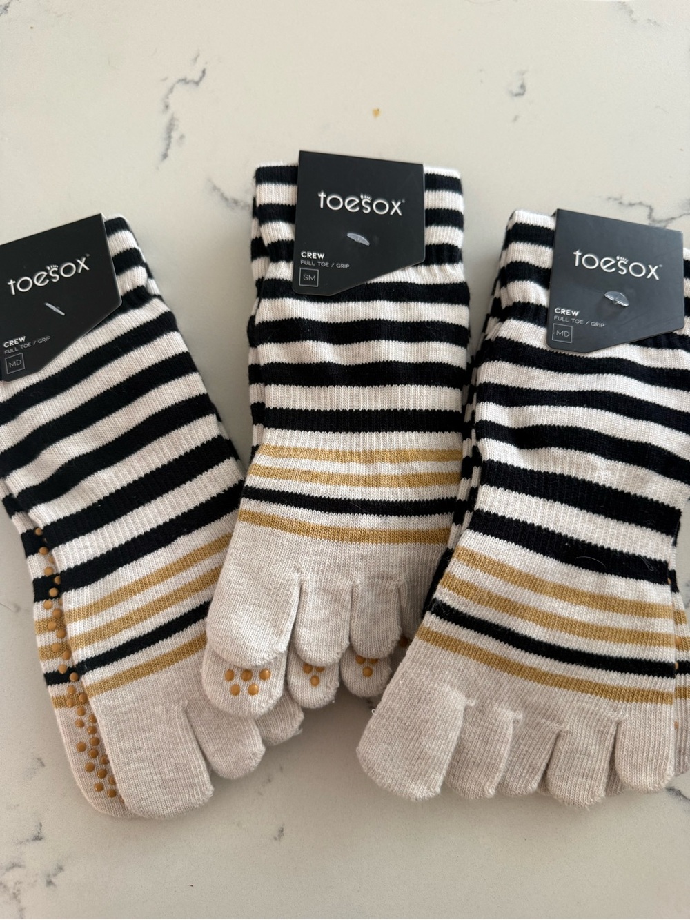 toesox Black, White and Gold Striped Crew Toe Socks